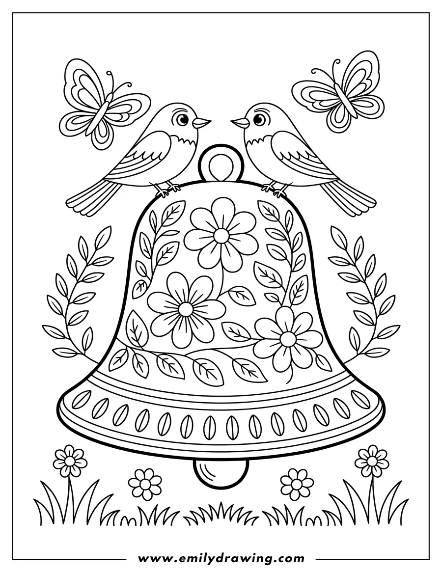 Outline of two birds perched on a decorated bell with flowers and leaves, butterflies nearby.