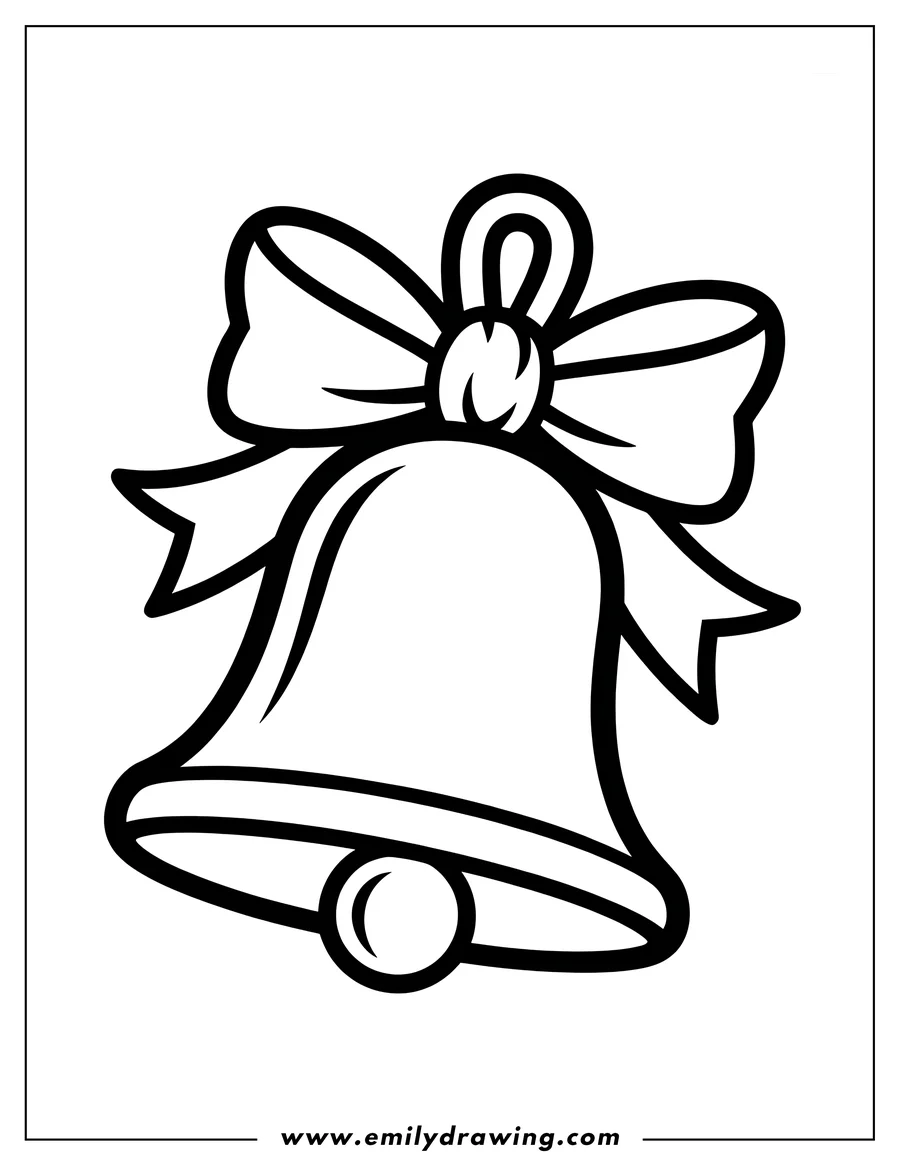 Line art of a bell with a bow tied around the top.