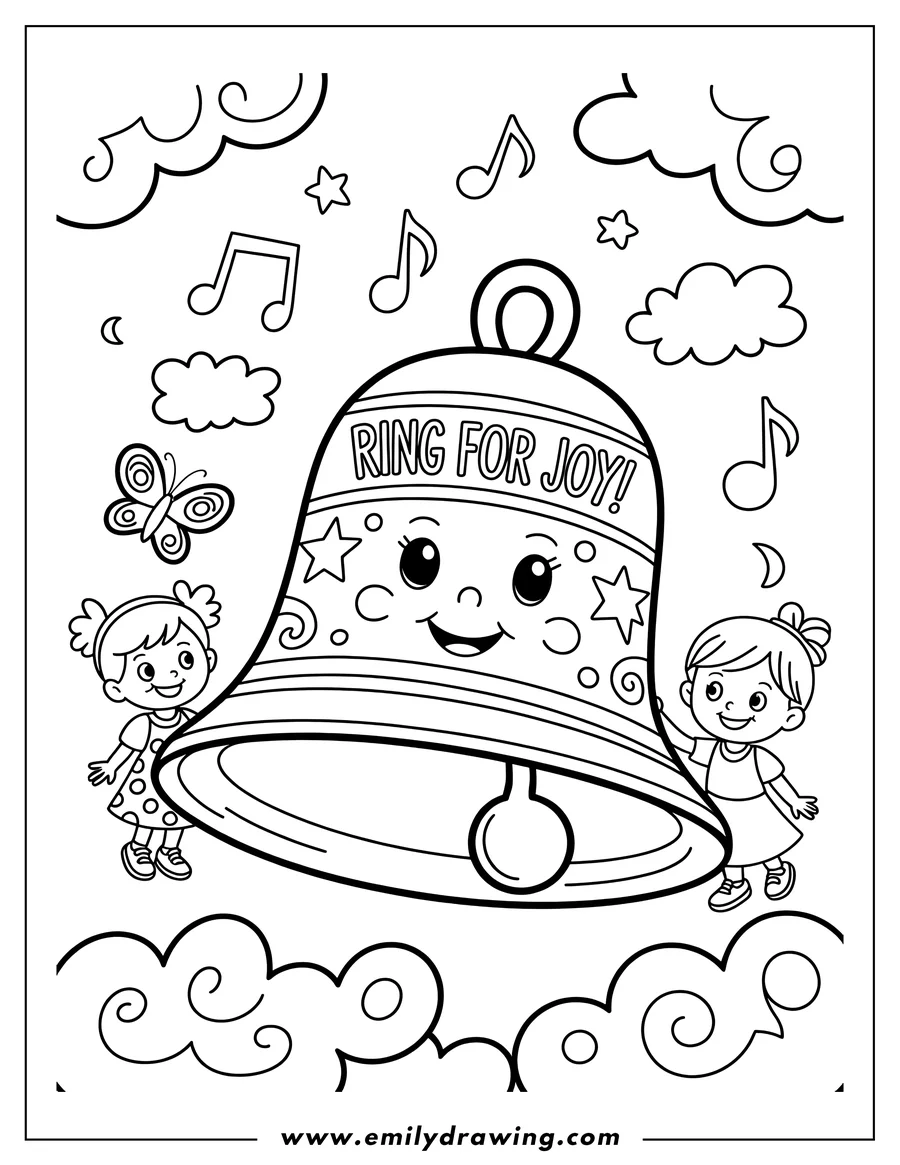 Outline of two children with a large, decorated bell. Musical notes and stars surround the bell, suggesting a joyful atmosphere.