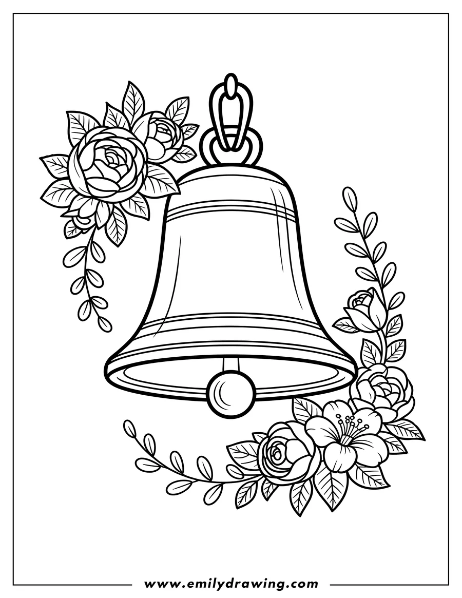 Line art of a bell surrounded by flowers and leaves.
