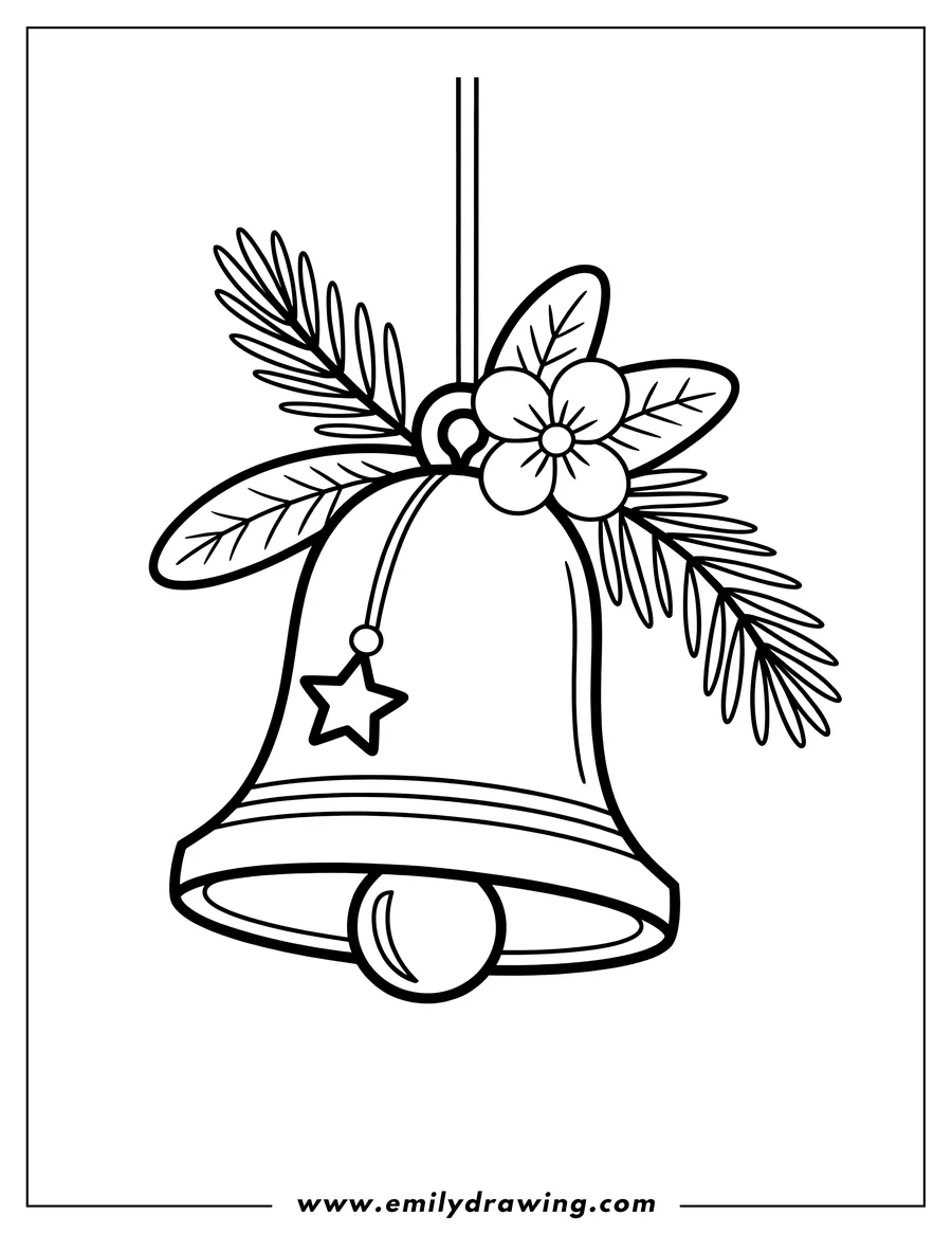 Outline of a hanging bell decorated with holly leaves, a five-petal flower, and a star charm.