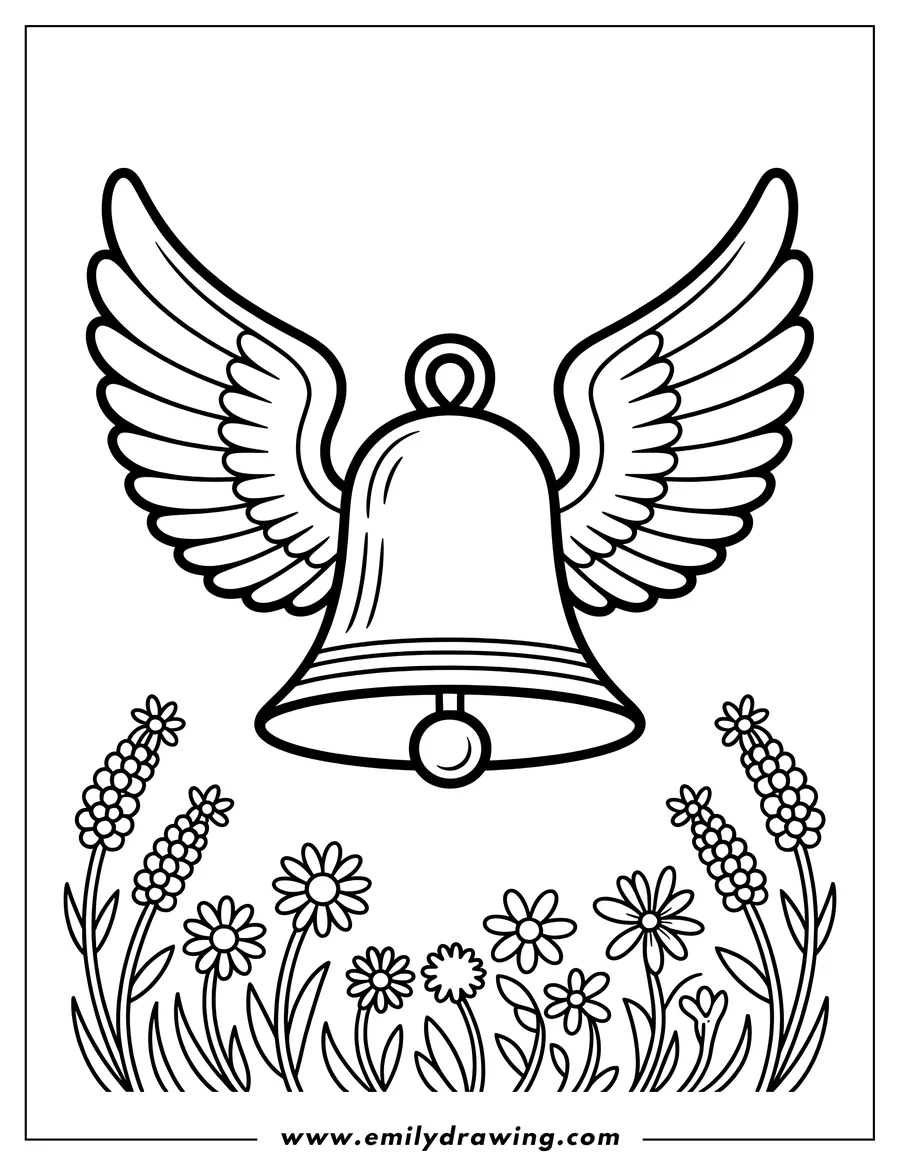 Outline of a bell with wings, hovering over a patch of flowers.