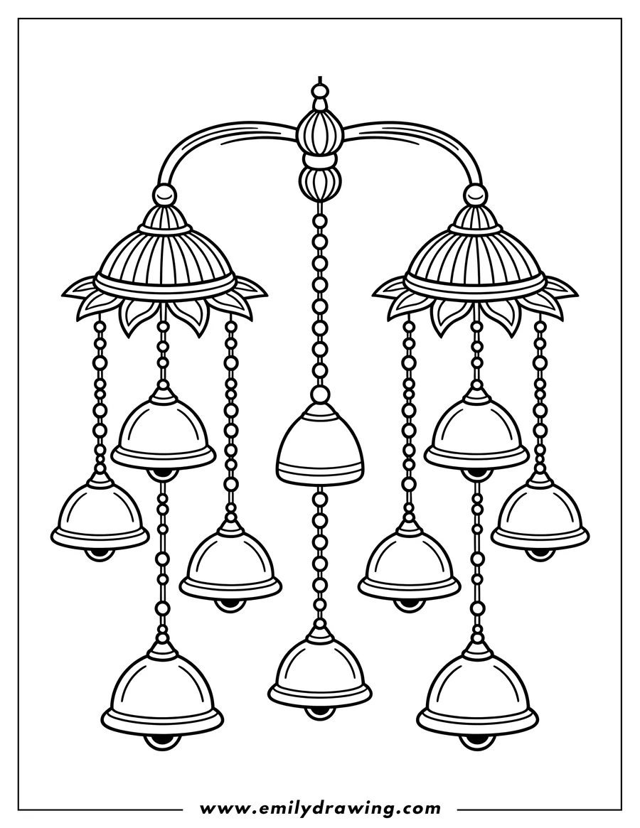 Line art of bells hanging from beaded strings.