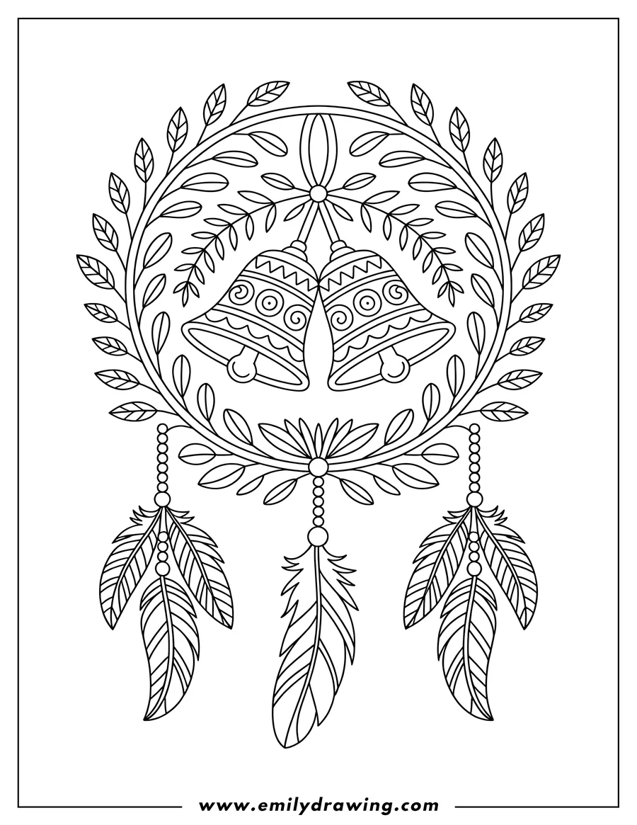 Outline of two bells decorated with patterns, hanging from a leafy branch. Three detailed feathers dangle beneath the bells.