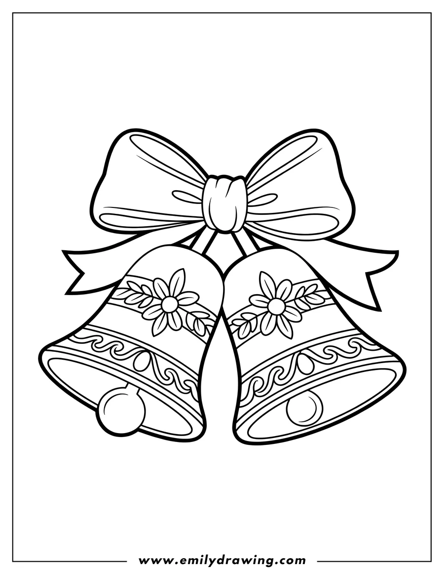 Outline of two bells decorated with flowers and tied together with a ribbon.
