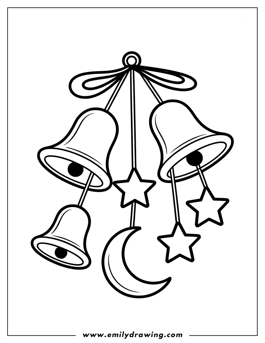Line art of three bells, stars, and a crescent moon hanging from a tied ribbon.