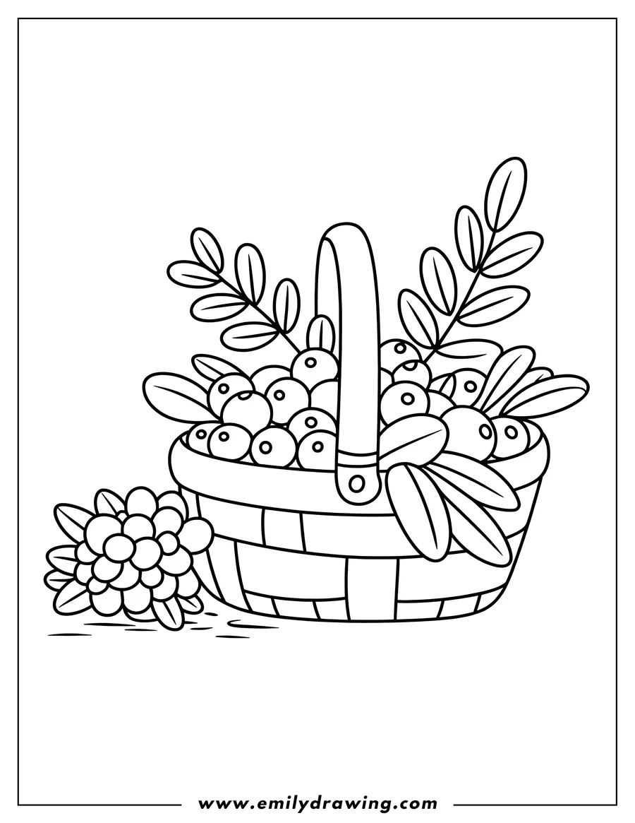 Line art of a basket filled with berries and leaves. A small cluster of berries sits beside the basket.