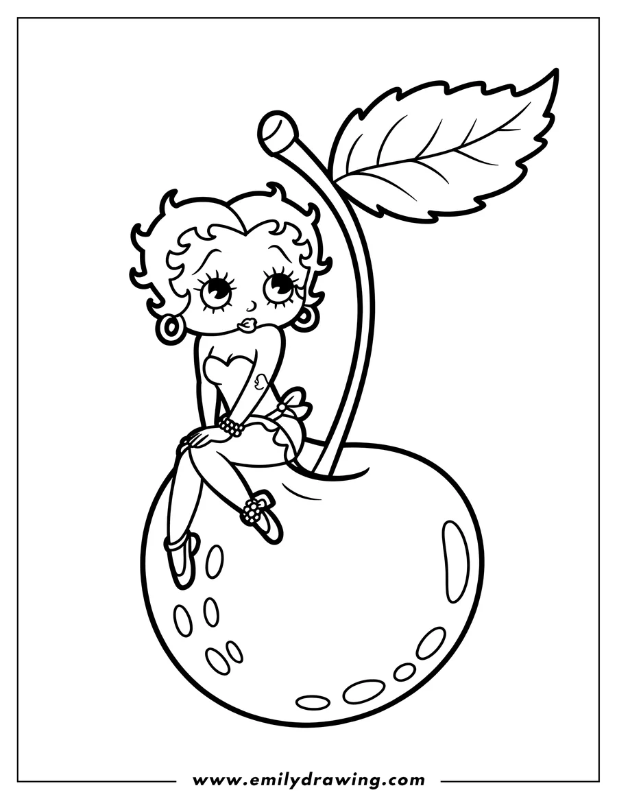 Outline of Betty Boop sitting on a cherry with a leaf.