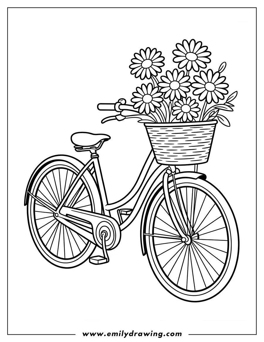 Outline of a bicycle with a basket of daisies. The bicycle has two large wheels, handlebars, a seat, and pedals. The basket is attached to the front of the bicycle and is overflowing with several daisies.