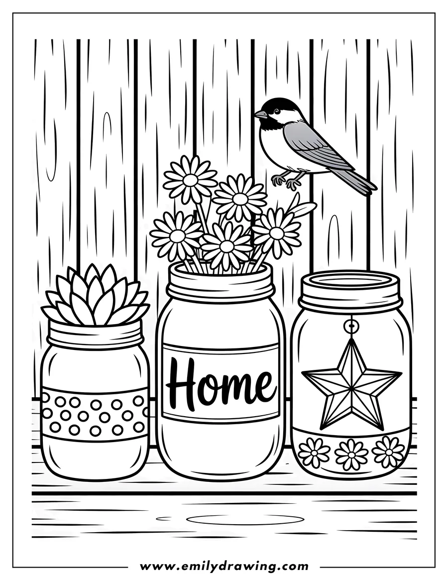 Line art of three mason jars on a wooden shelf. A small bird perches on the jar containing daisies. The other jars hold a succulent and a star, with one labeled 'Home'.