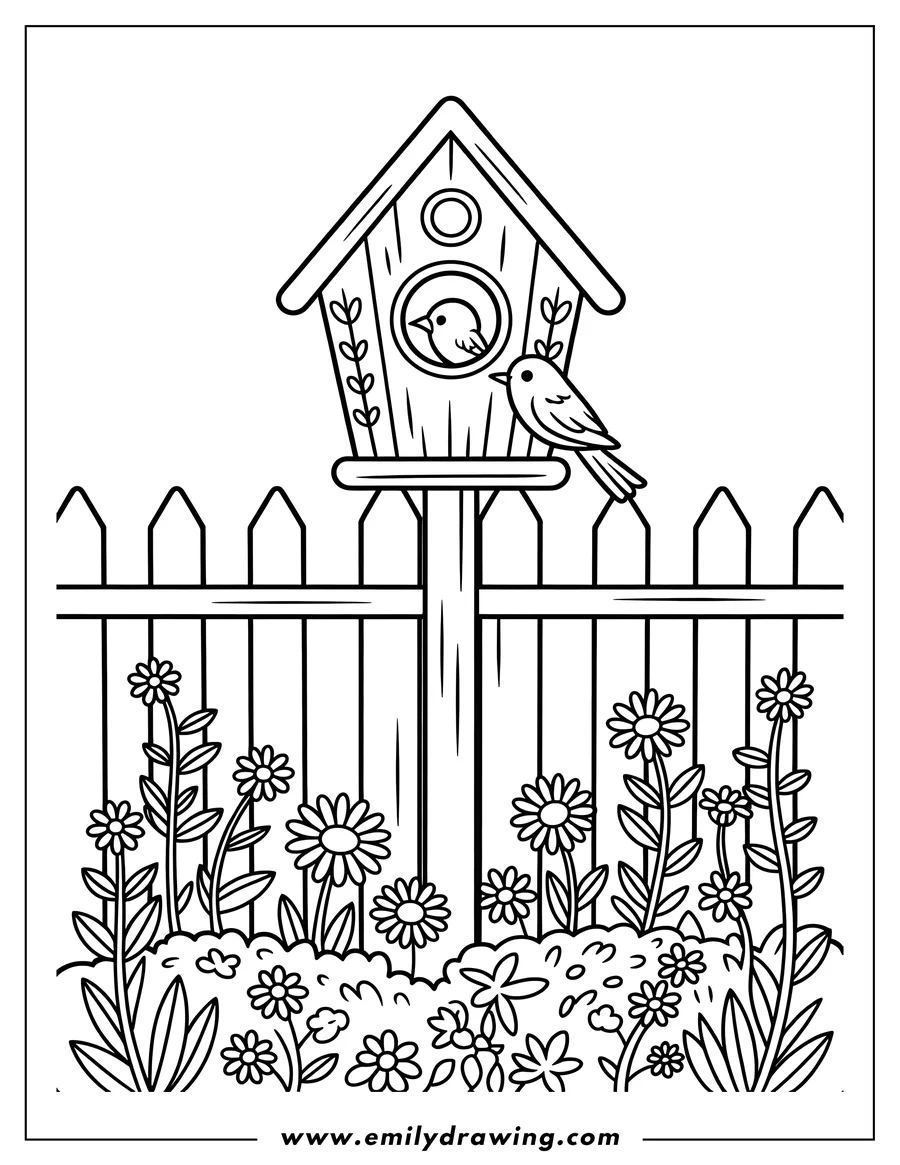 Outline of two birds by a birdhouse on a post, with a wooden fence and flowers in the foreground.