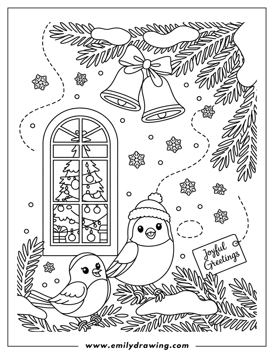 Two birds perched on a pine branch near a window displaying a Christmas tree, ornaments, and gifts. Christmas bells, snowflakes, and a 'Joyful Greetings' tag complete the festive scene.