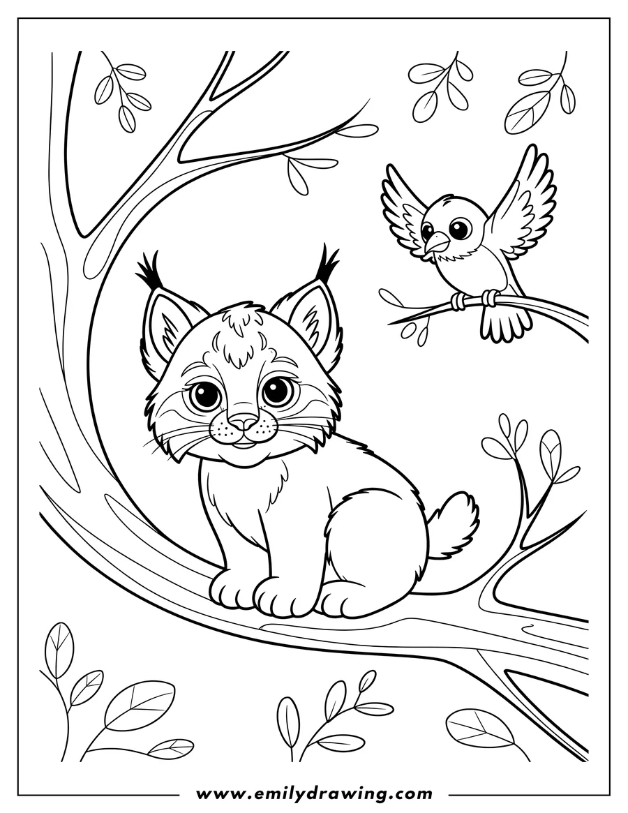 Outline of a bobcat sitting on a tree branch with a small bird flying nearby.