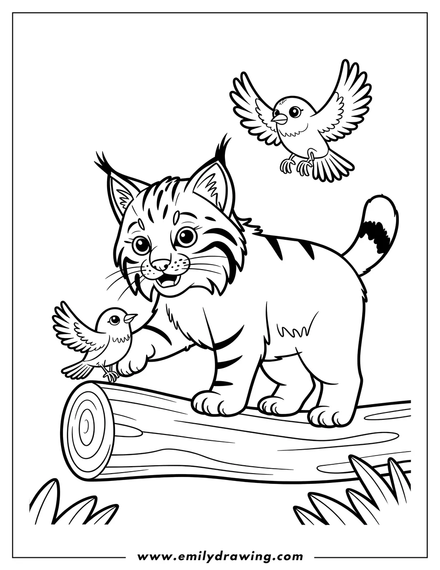 Outline of a bobcat standing on a log with two small birds, one perched on the log and the other flying above.