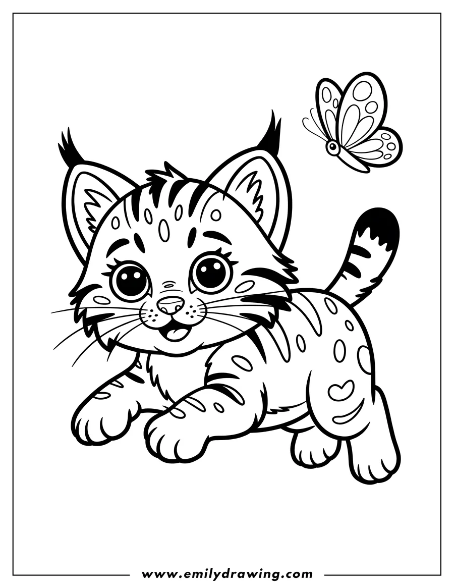 Line art of a playful bobcat looking at a butterfly. It has large eyes and striped fur.
