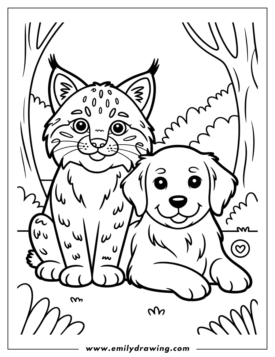 Outline of a bobcat sitting next to a golden retriever puppy. They both appear friendly and happy.