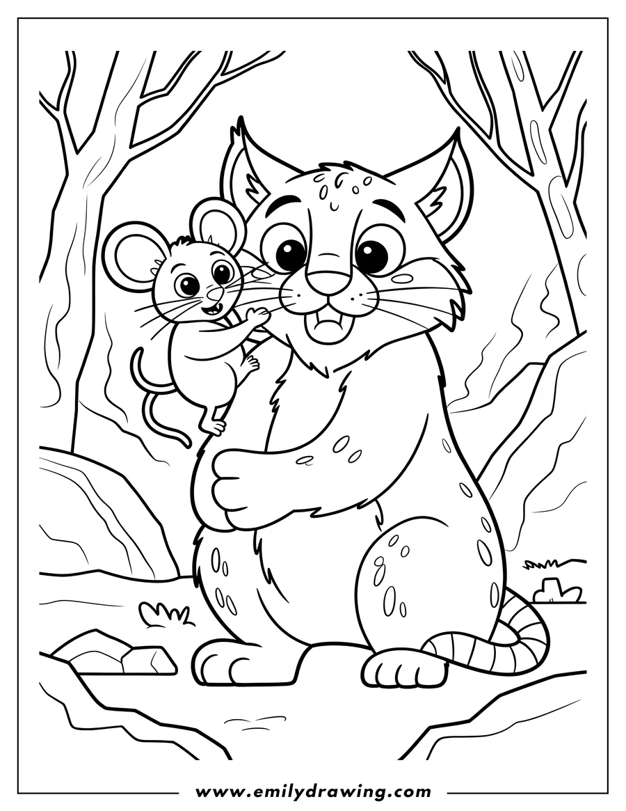 Outline of a bobcat hugging a mouse in a forest setting.