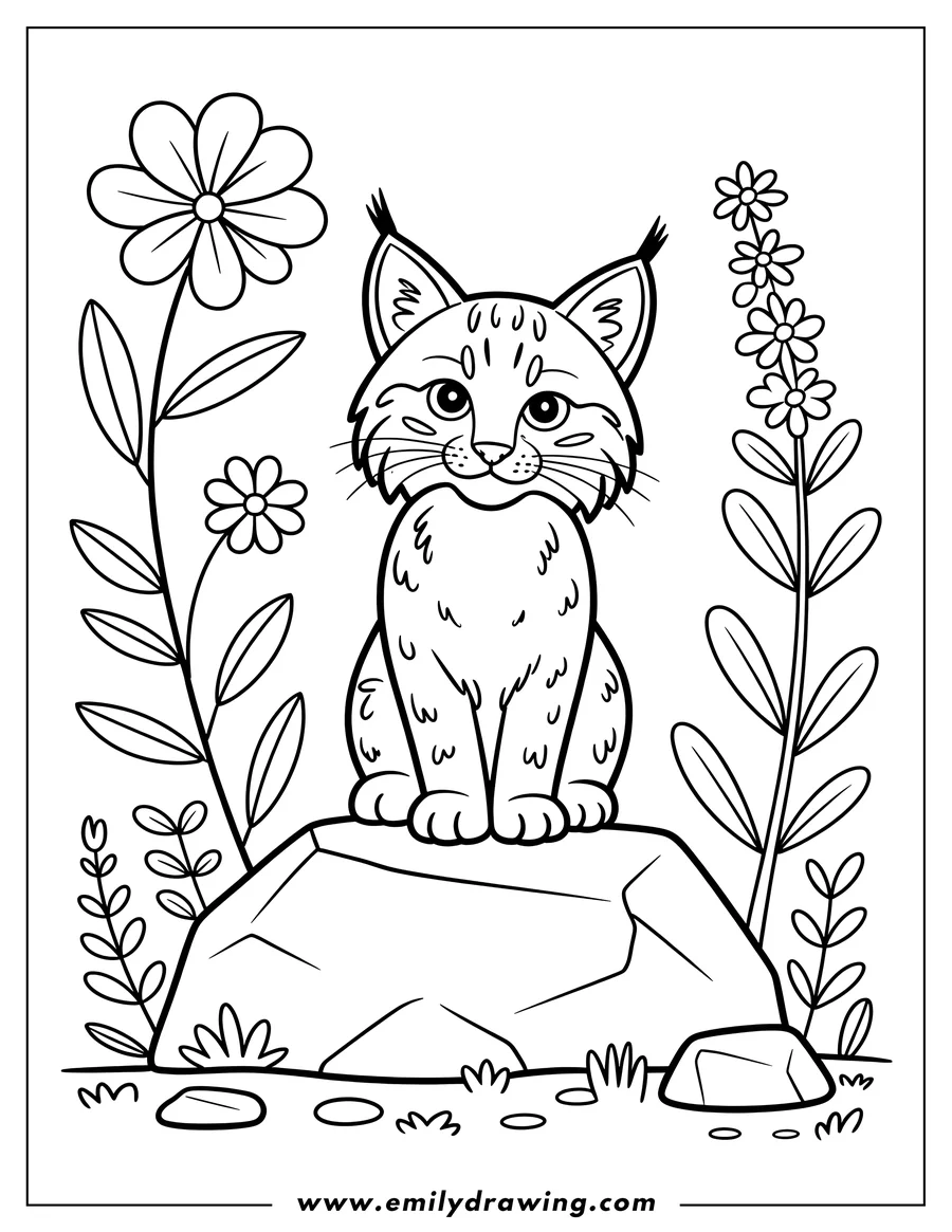 Outline of a bobcat sitting on a rock, surrounded by flowers and plants.