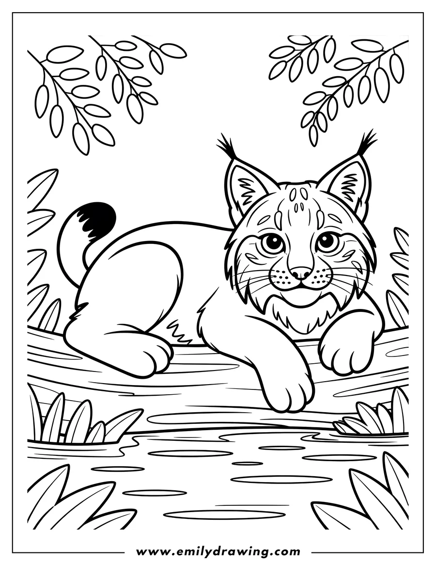 Outline of a bobcat sitting by a river, with its paws resting on the bank.