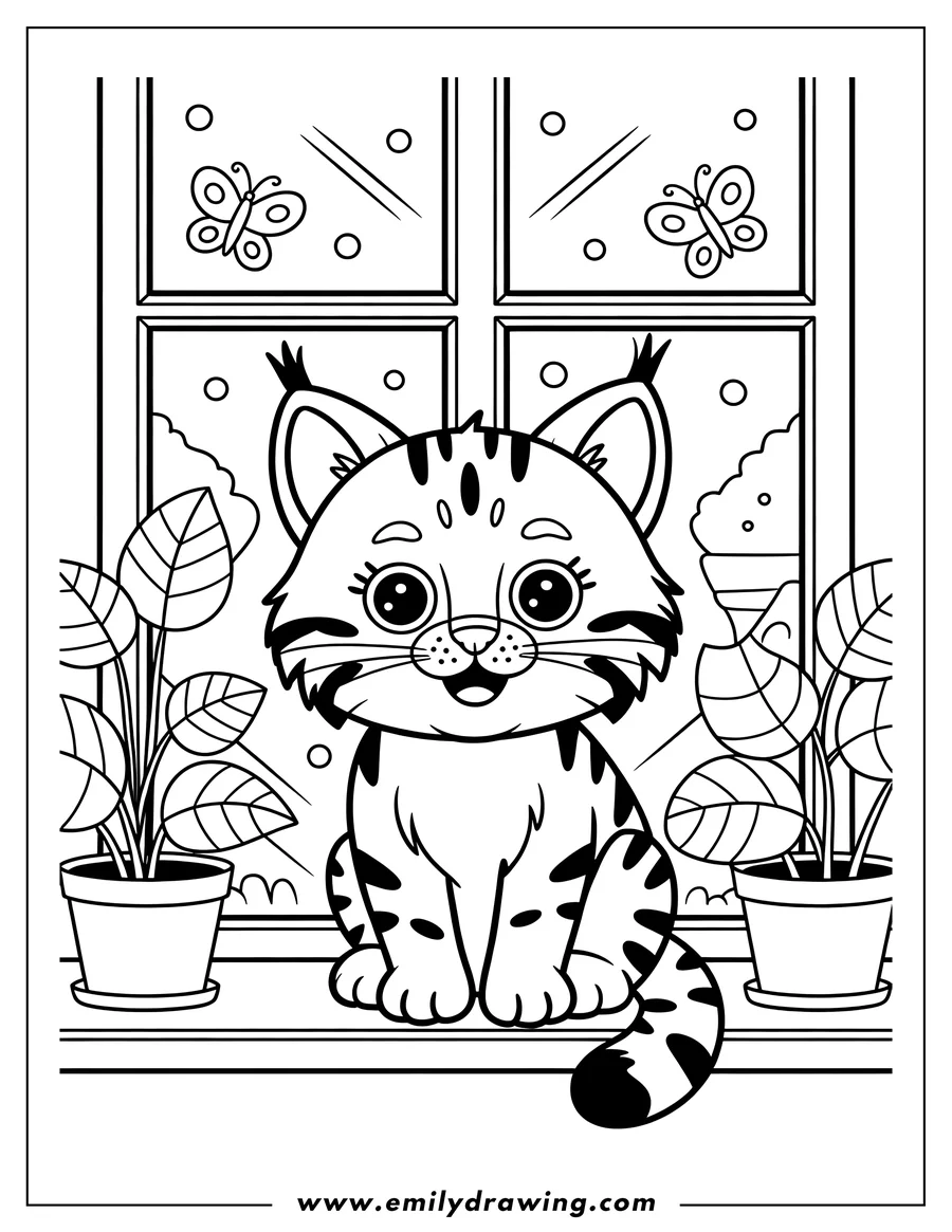 Line art of a bobcat sitting by a window, with butterflies outside and potted plants on the windowsill.