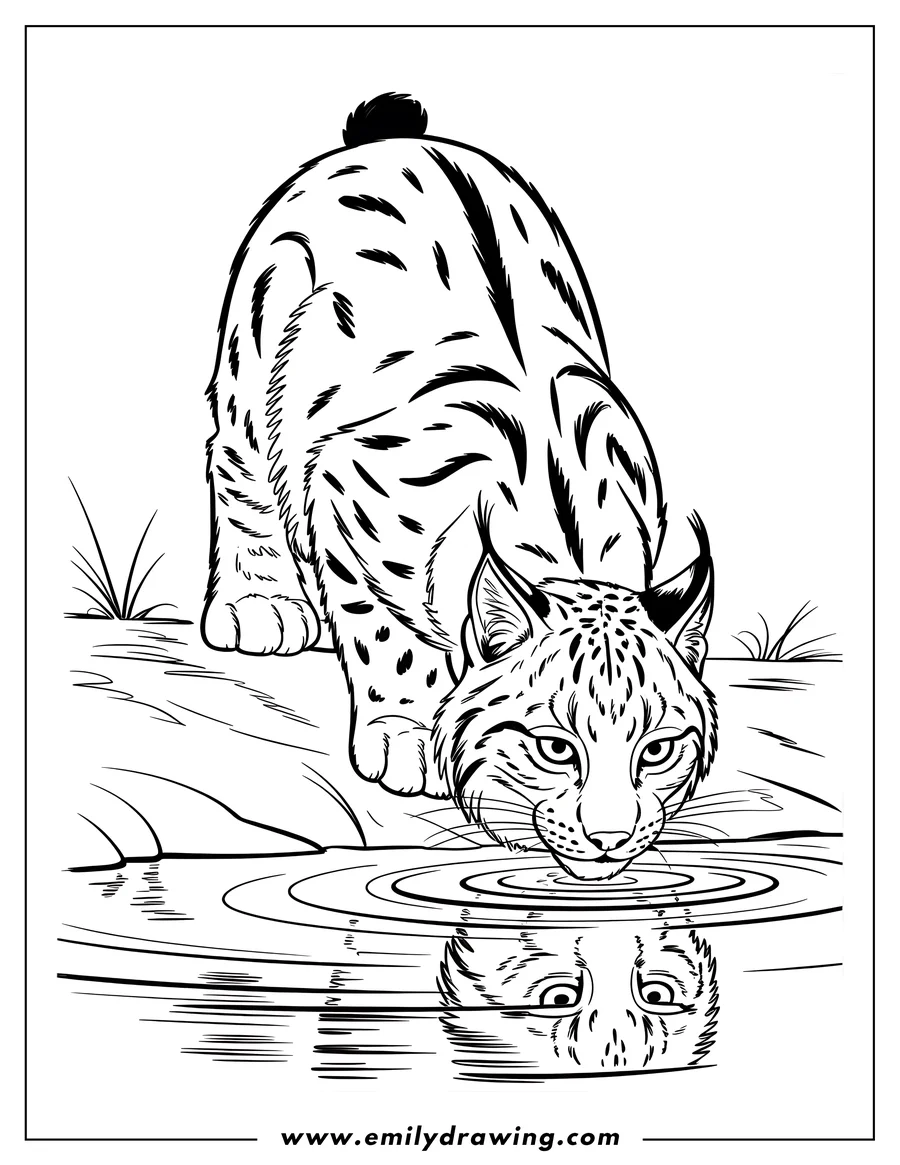 Line art of a bobcat drinking water from a pond, with its reflection visible in the surface.