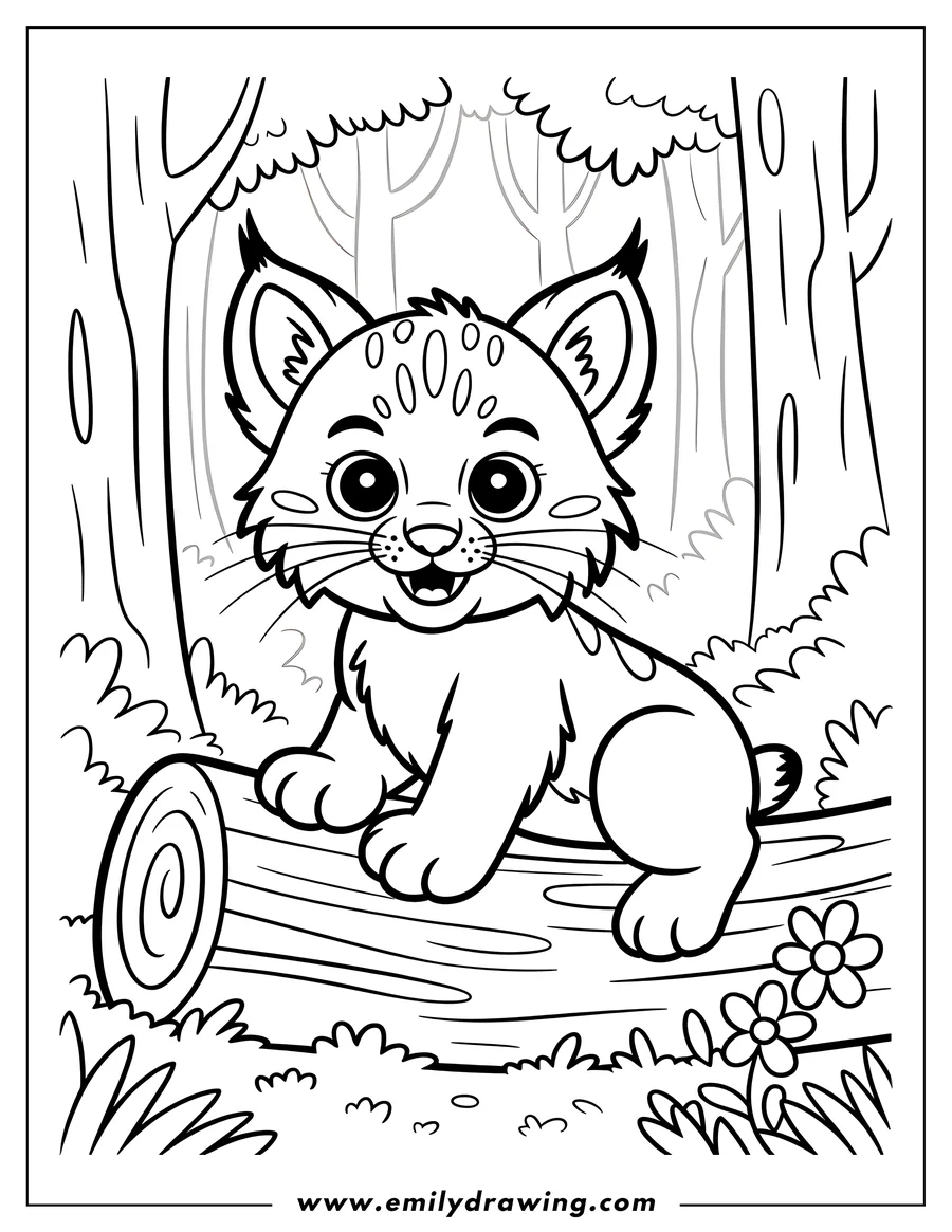 Outline of a smiling bobcat sitting on a log in a forest setting.