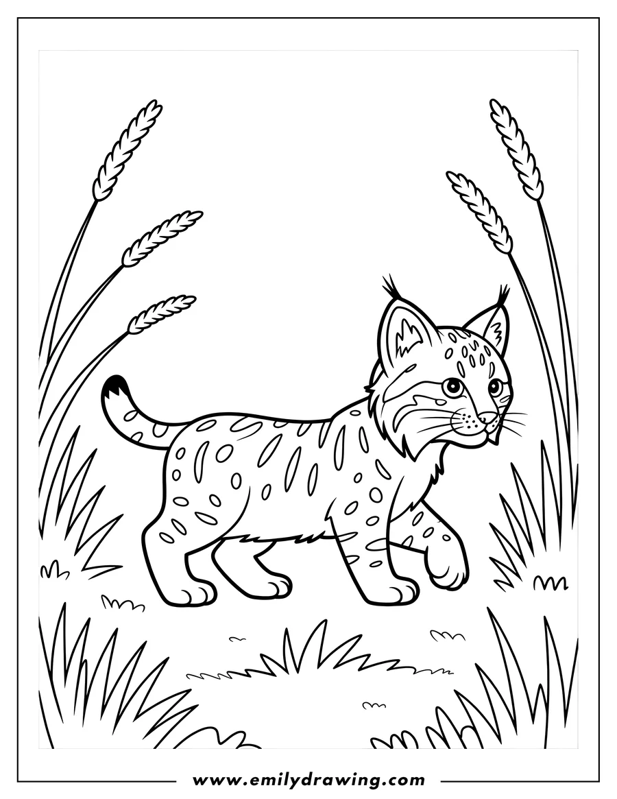 Outline of a bobcat walking in tall grass. It has spotted fur and tufted ears.