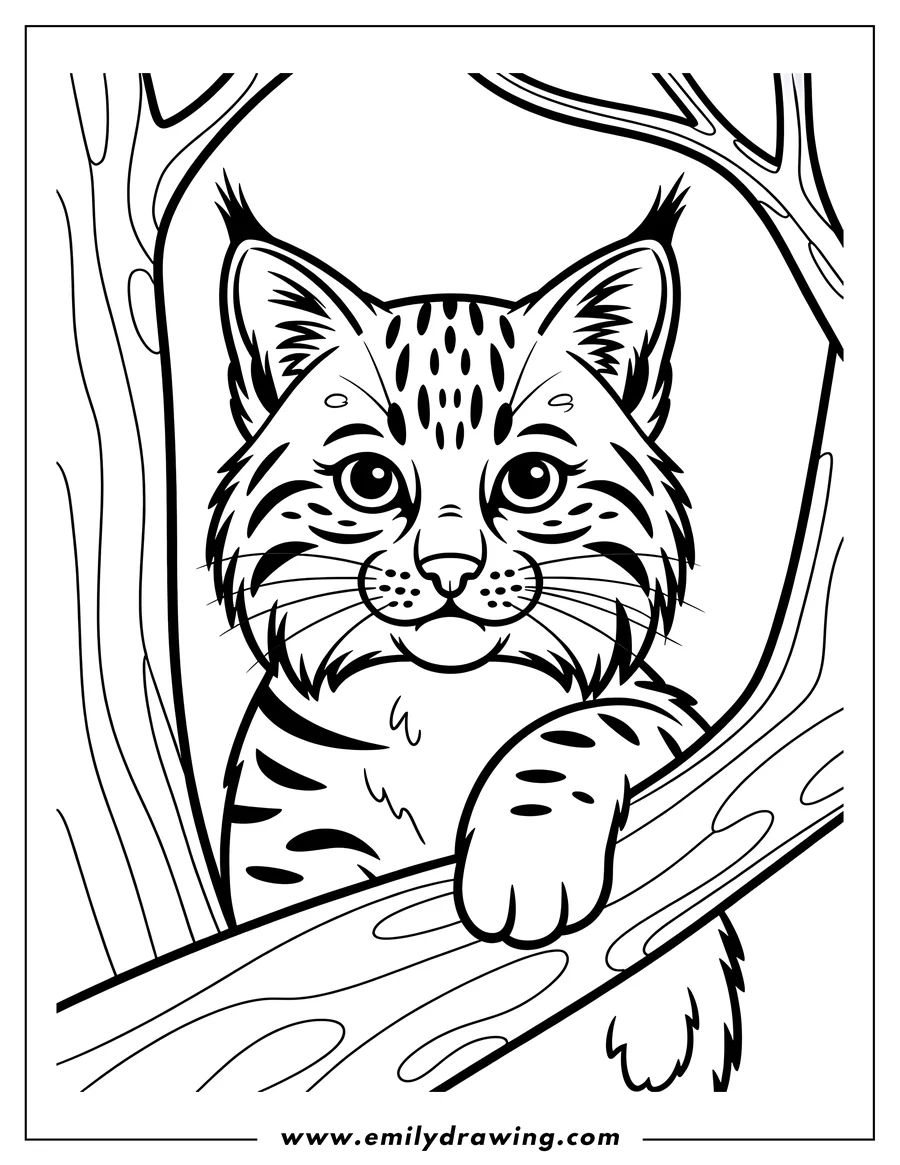 Outline of a bobcat peering out from behind a tree branch.