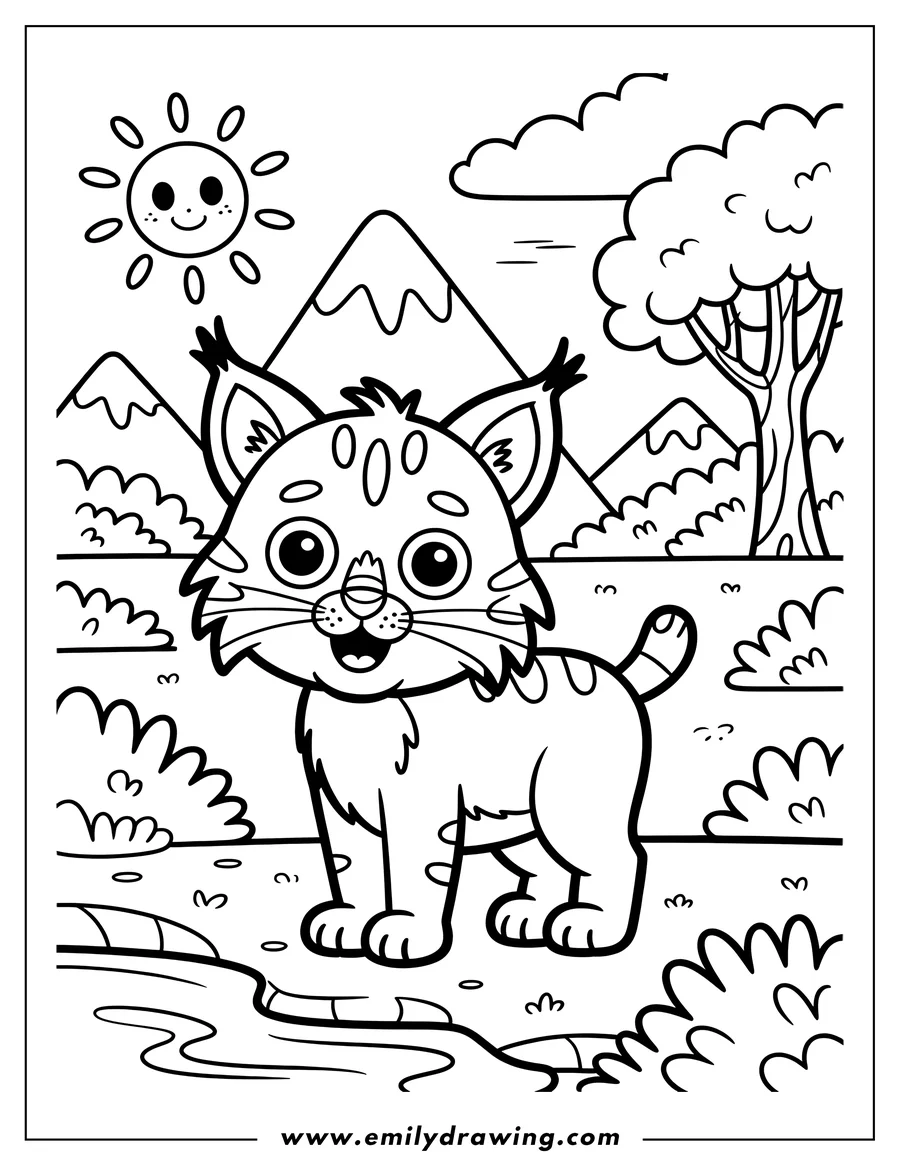 Outline of a bobcat standing in a mountain landscape with a smiling sun, a tree, and a small pond.