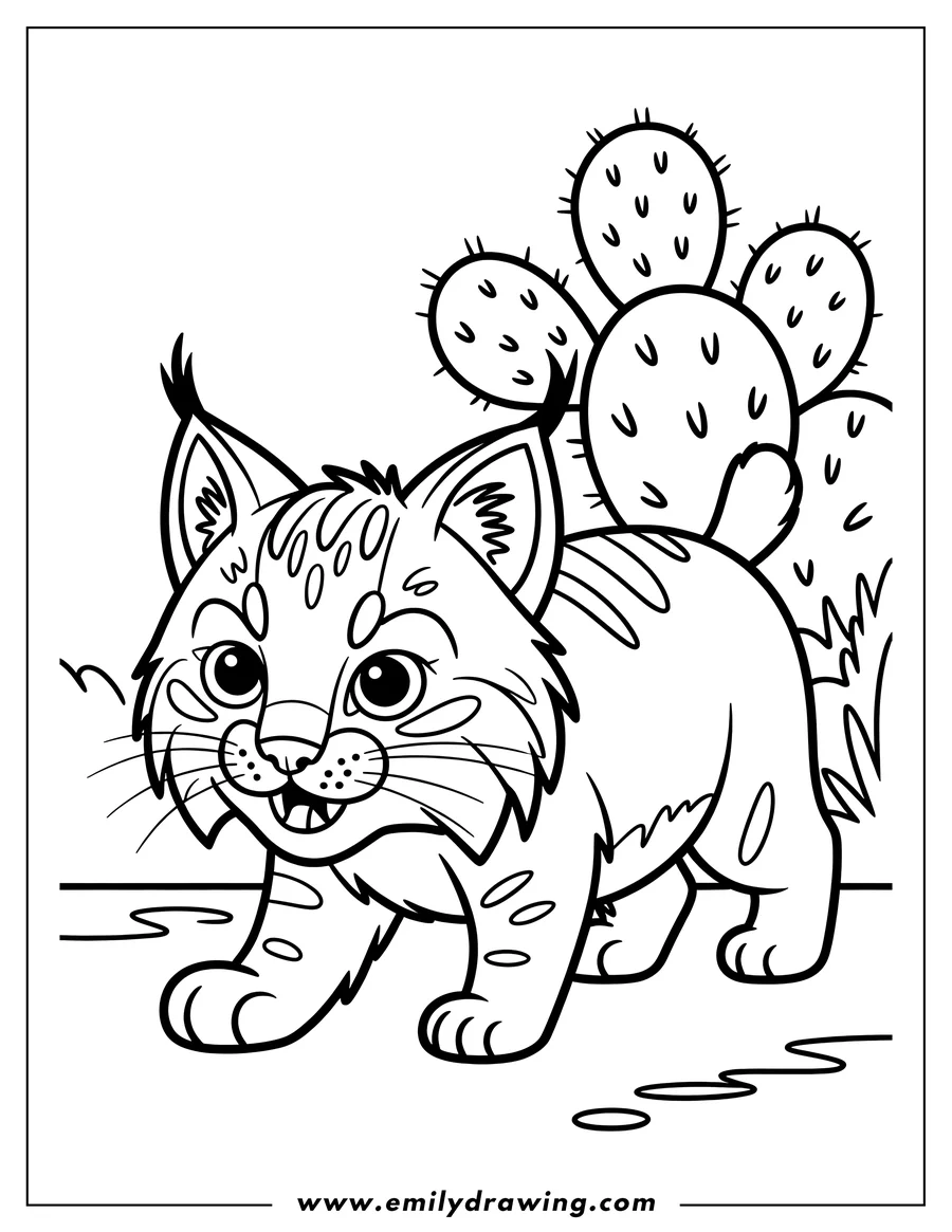 Line art of a bobcat standing near a cactus plant. The bobcat has tufted ears, spots, and stripes on its fur.