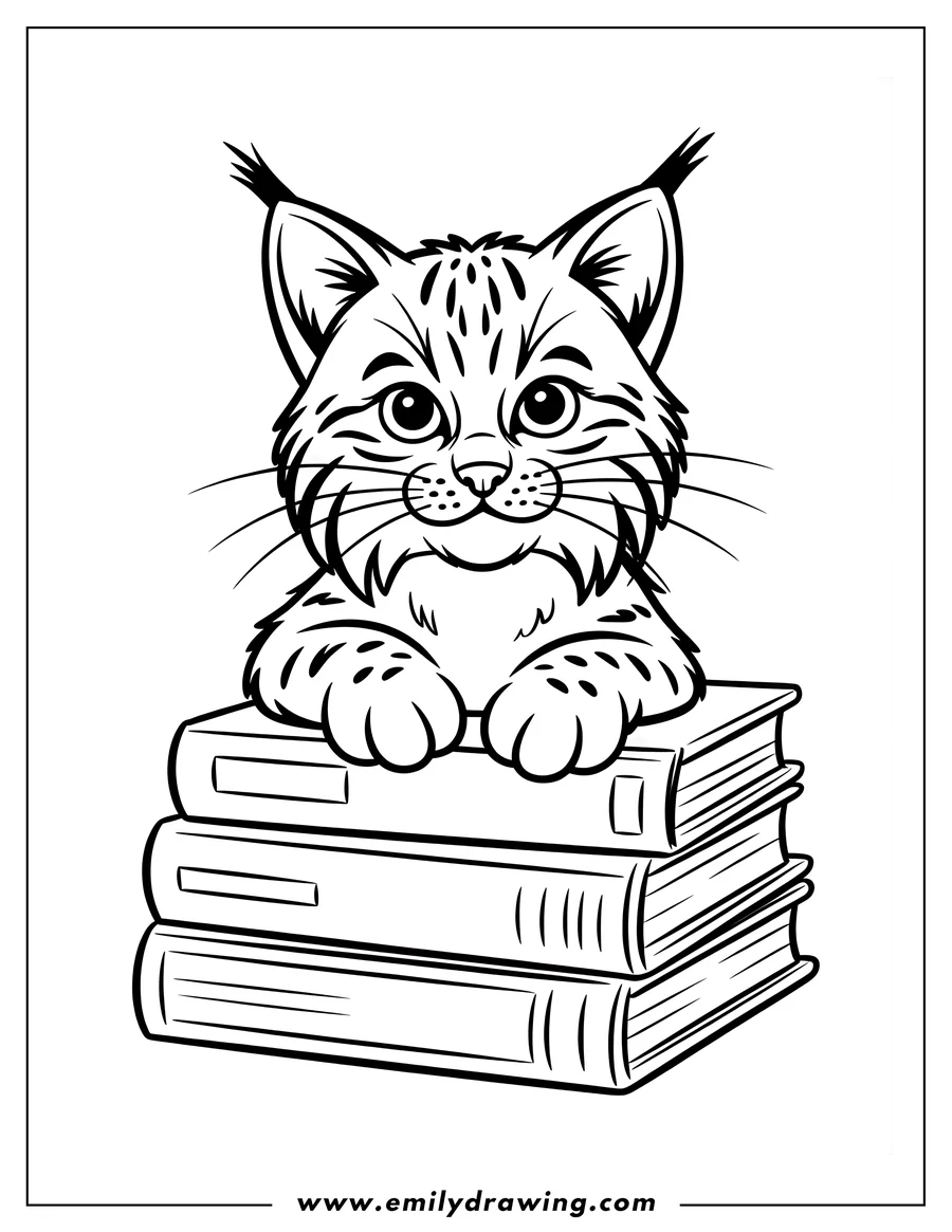 Outline of a bobcat sitting on a stack of books