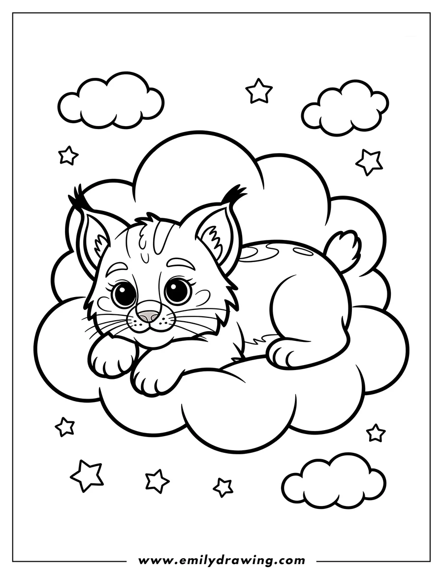 Outline of a bobcat resting on a cloud, surrounded by stars.