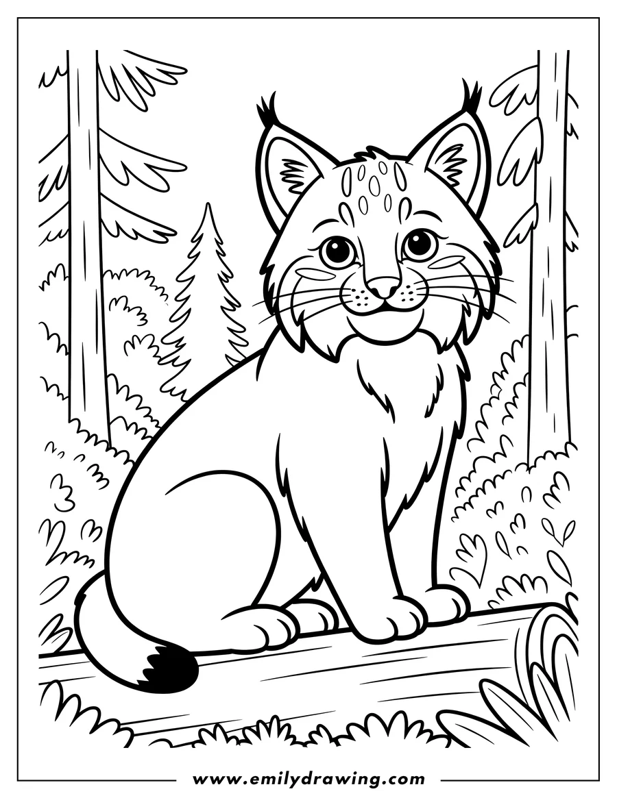 Outline of a bobcat sitting on a log in a forest setting.