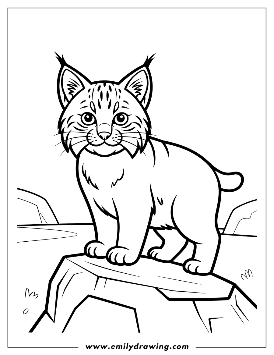 Outline of a bobcat standing on a large rock in a simple landscape setting.
