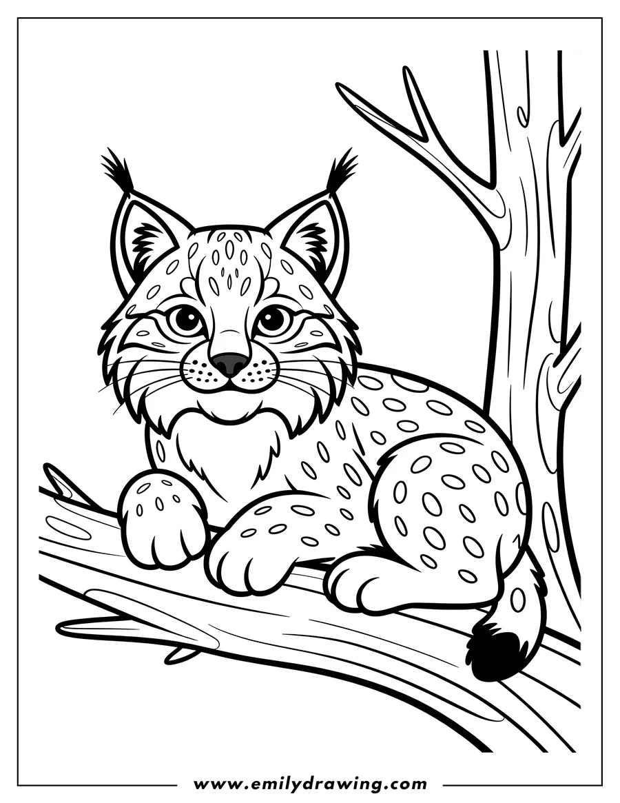 Outline of a bobcat sitting on a tree branch.