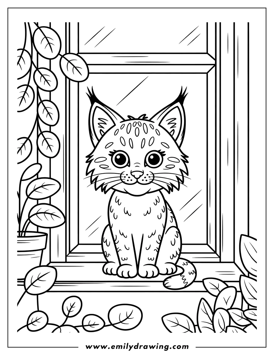 Outline of a bobcat kitten sitting on a windowsill with potted plants nearby.