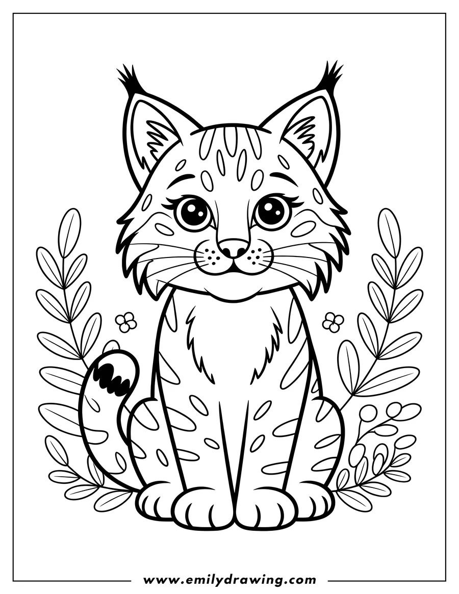 Outline of a bobcat sitting with simple foliage and flowers around it.