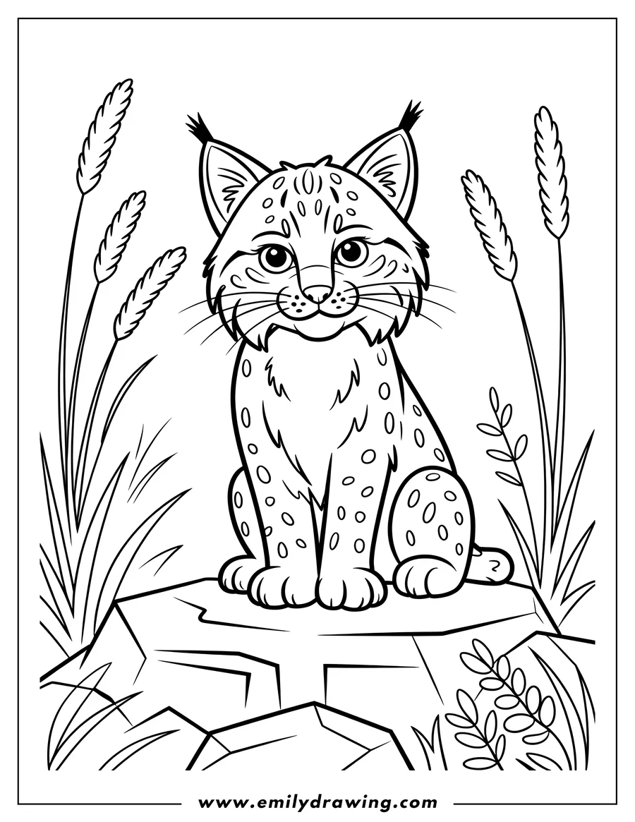 Line art of a bobcat sitting on a rock surrounded by tall grass.