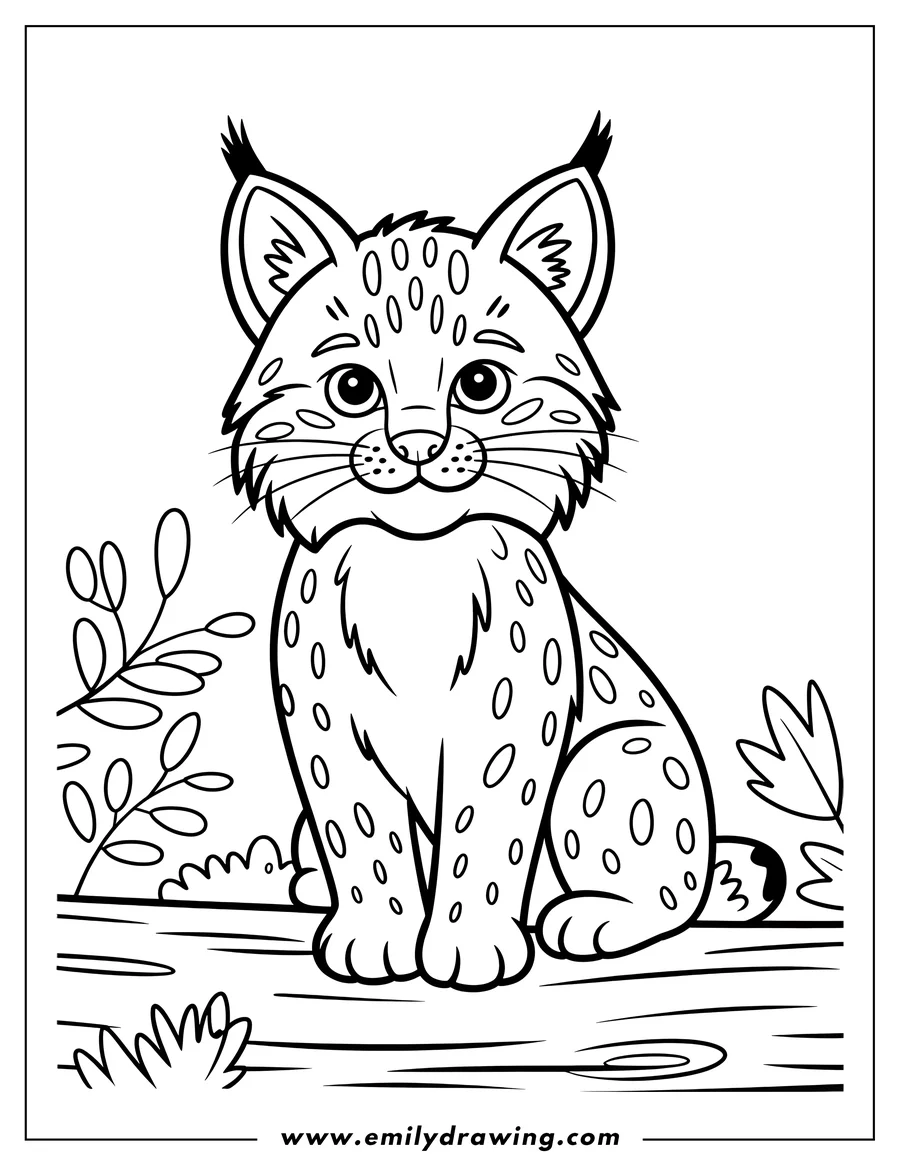 Outline of a bobcat sitting on a log. It has tufted ears and spotted fur.