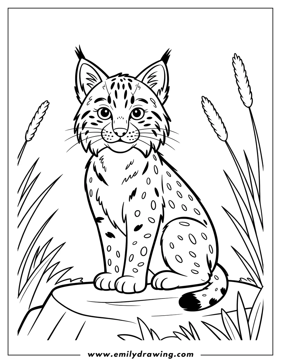 Outline of a bobcat sitting on a rock, surrounded by tall grass.