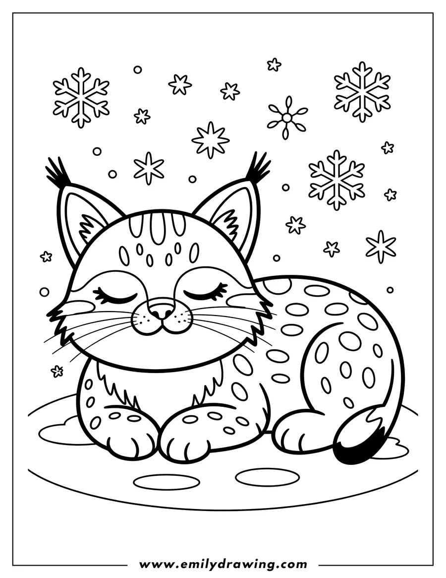 Outline of a bobcat sleeping in the snow with snowflakes falling around it.