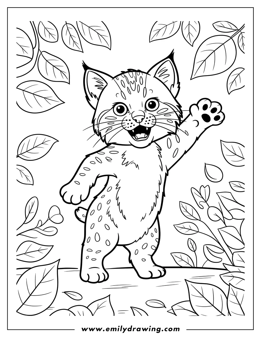 Line art of a happy bobcat waving its paw, surrounded by leaves.