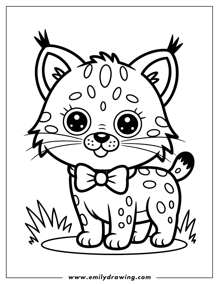 Outline of a bobcat wearing a bow tie, standing in grass.
