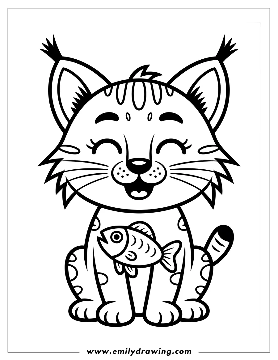 Outline of a happy bobcat sitting and holding a fish.