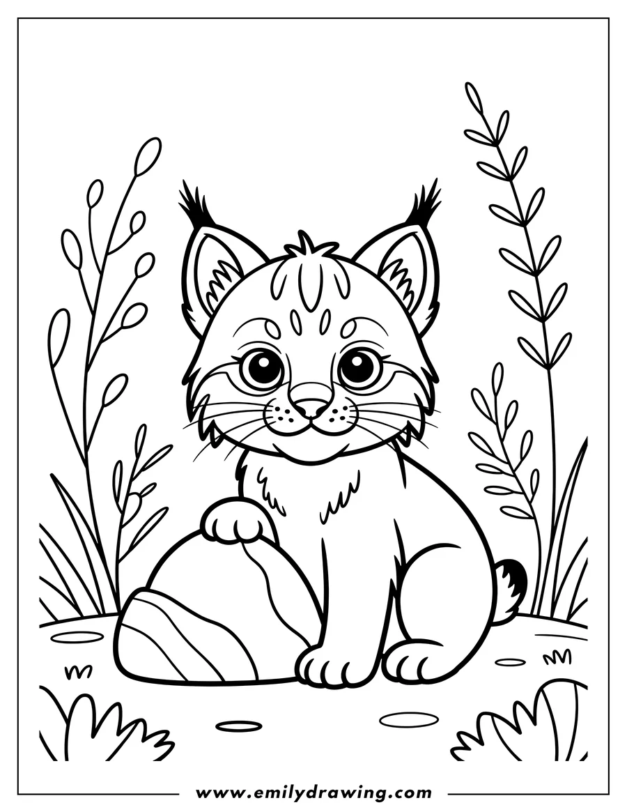 Outline of a bobcat sitting with its paw on a striped rock, surrounded by plants.