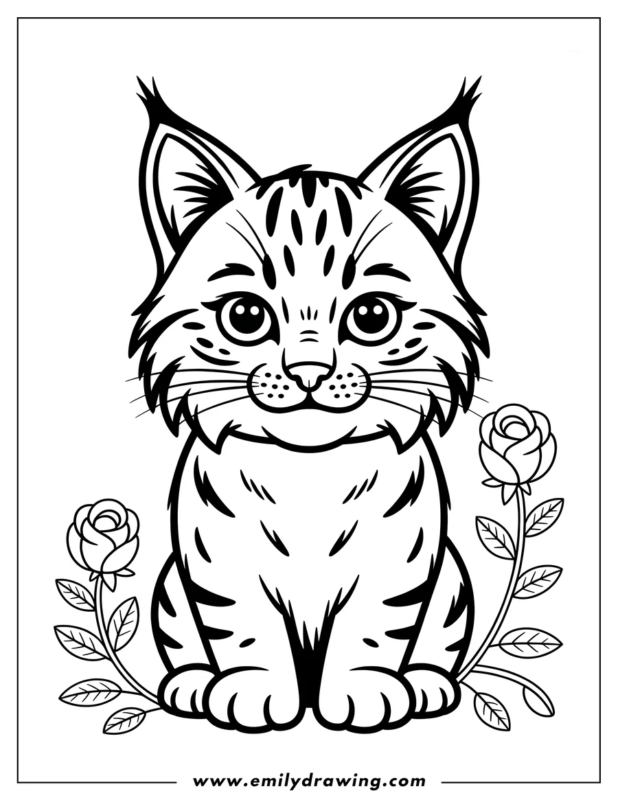 Outline of a bobcat sitting with roses on either side.