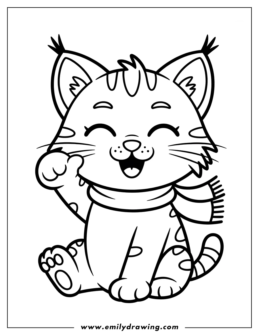 Outline of a cheerful bobcat wearing a scarf and waving.