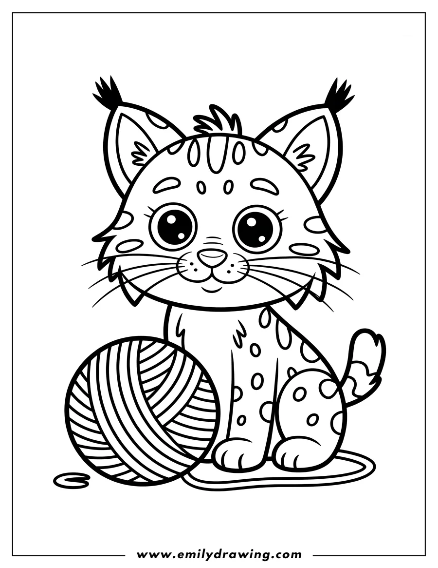 Line art of a bobcat sitting with a ball of yarn.