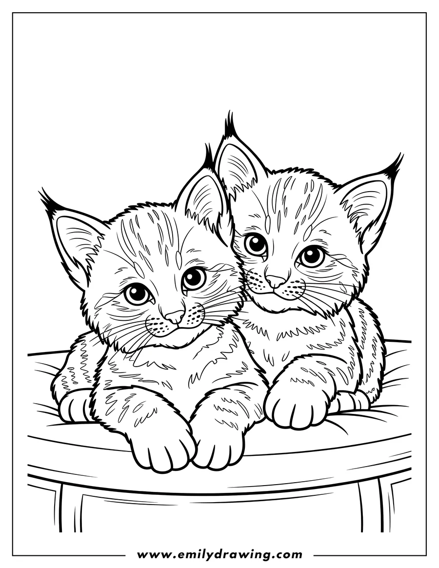Outline of two bobcat kittens sitting on an ottoman.
