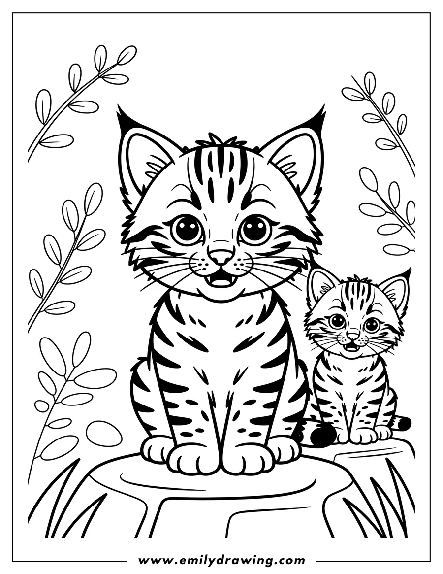 Outline of two bobcats sitting on rocks, surrounded by simple leaves. The larger bobcat is in the foreground, and a smaller bobcat sits behind it.